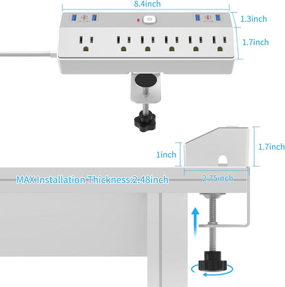 Desk Clamp Power Strip with 40W Fast Charging Station, JXGUCAT 10FT Flat Plug Desk Mount Power Strip Surge Protector, Removable Extension Cord with 2 USB-C Ports 6 Outlets, Fits 1.8" Tabletop Edge