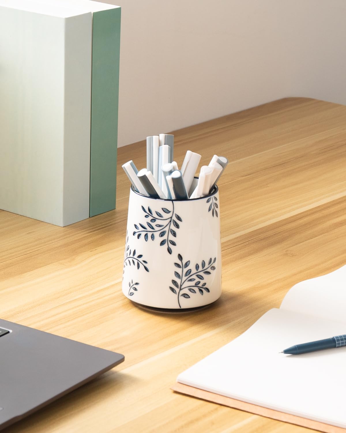 Pencil Holder for Desk, Ceramic Pen Holder, Blue and White Chinoiserie Desk Pen Organizer, Flowers and Branches