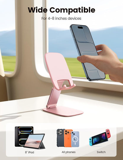 Lamicall Foldable Cell Phone Stand for Desk - [Ultra Thin] Portable Travel Holder, Height Adjustable, Weighted Metal Base, Thick Case Friendly for iPhone 17 16 15 Pro Max, Galaxy S26, Gift Mothers Day