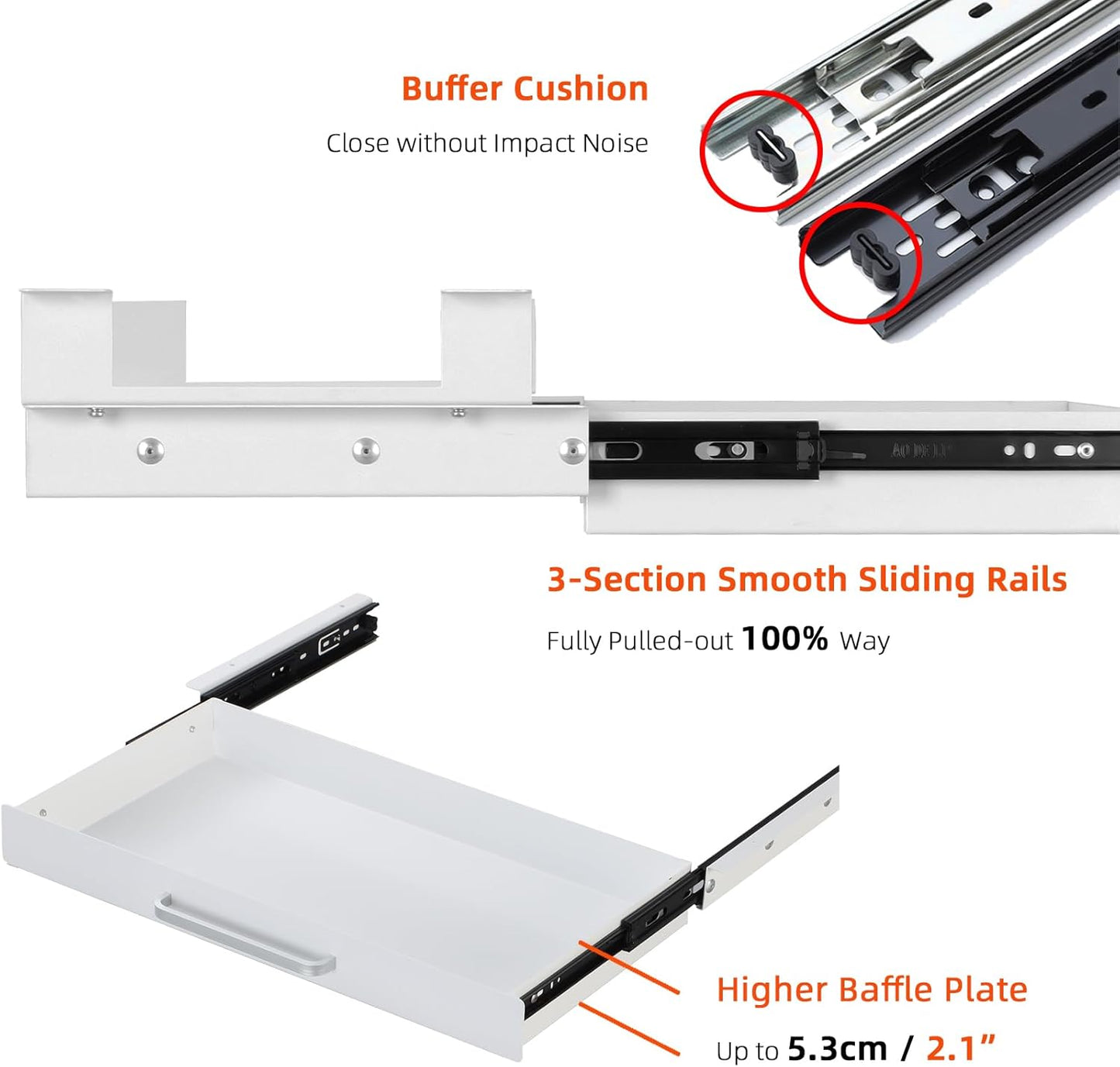 Under Desk Drawer Organizer 21" White Upgrade with Adjustable Brackets, Sliding Pull-Out Under Table Pencil Drawer, Office Standing Desk Attachment for Workbench