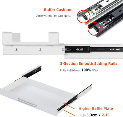 Under Desk Drawer Organizer 21" White Upgrade with Adjustable Brackets, Sliding Pull-Out Under Table Pencil Drawer, Office Standing Desk Attachment for Workbench