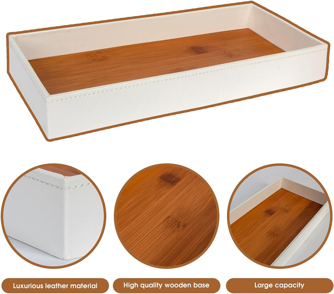 JACKCUBE Design Leather Valet Tray, Catchall Storage Women Vanity Nightstand Tray for Keys, Phones, Jewelry, Makeup, Perfume, Watches (Ivory) - MK1092B