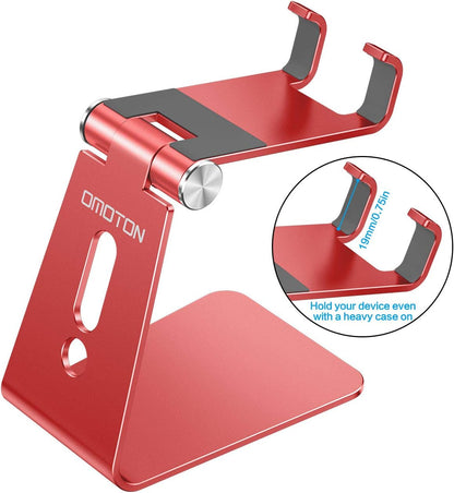 Adjustable Cell Phone Stand, OMOTON Aluminum Desktop Cellphone Stand with Anti-Slip Base and Convenient Charging Port, Fits All Smart Phones, Silver