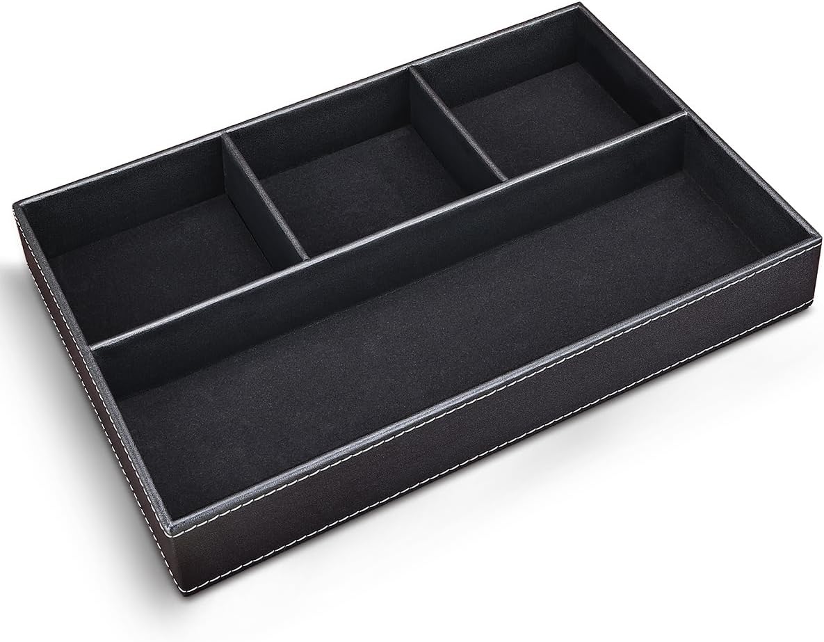 KINGFOM Pu Leather Desk Organizer Tray, 4 Compartment Office Storage Supplies Stationery Drawer Tray, Nightstand Bedside Tray for Key, Wallet, Watch, Coin, Phone Valet Tray Stackable