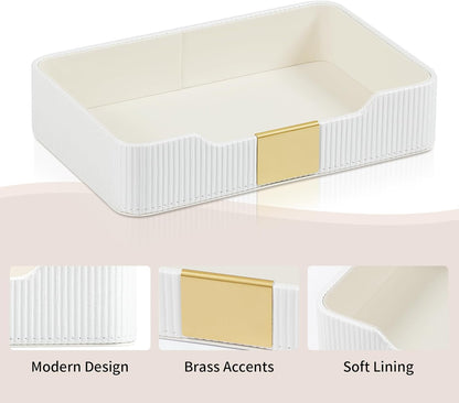 Valet Tray Desktop Storage Organizer, PU Leather Catchall Bedside Vanity Tray with Brass Accents Block Nightstand Organizer for Keys Watch Wallet Phone, Decorative Nightstand Storage (Green)