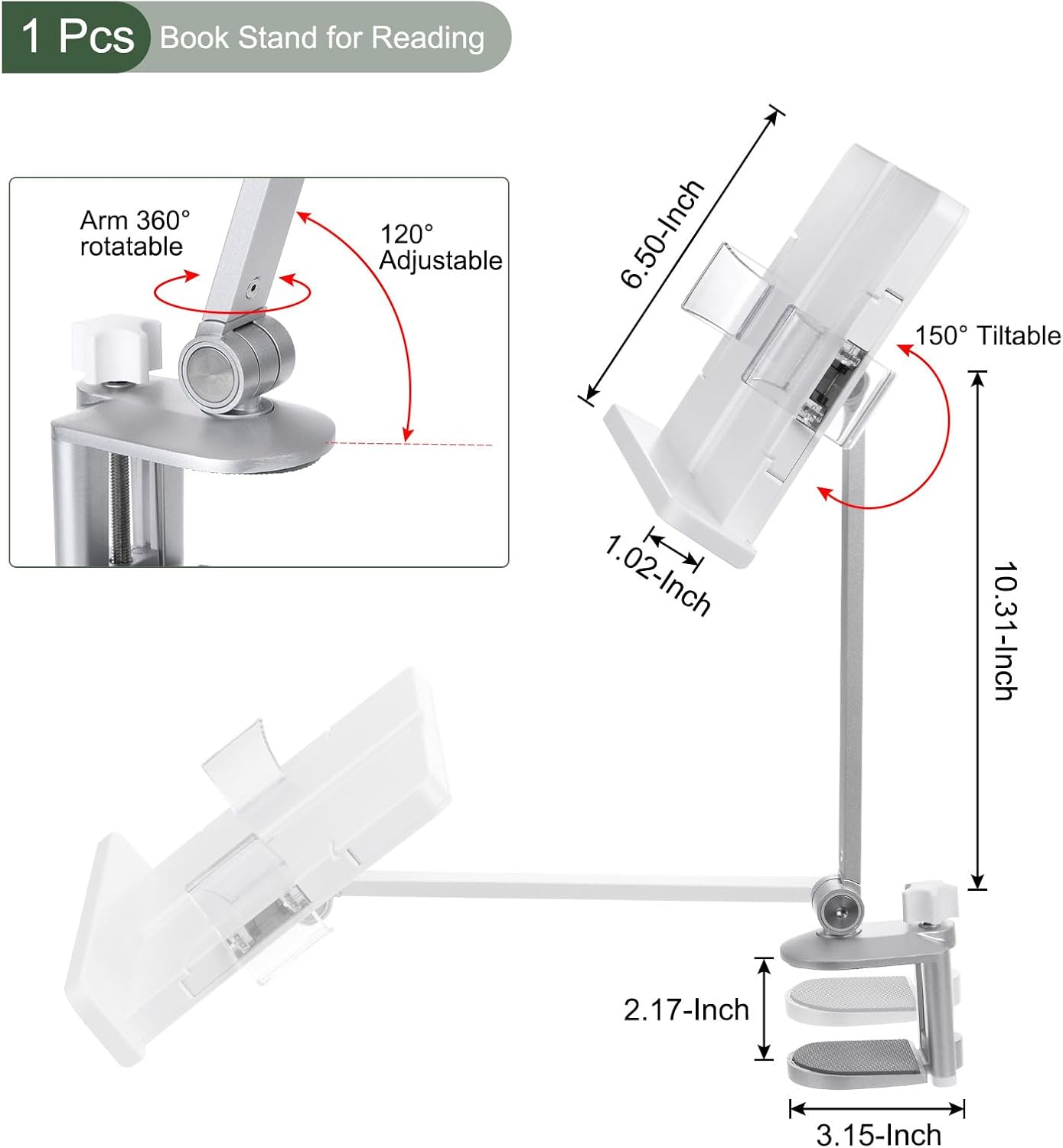 YOKIVE Book Stand for Reading, Adjustable Holder with 360° Rotating Arm & Page Clips, Portable Sturdy Book Holder, Great for Textbook (Silver, 10.3-inch)
