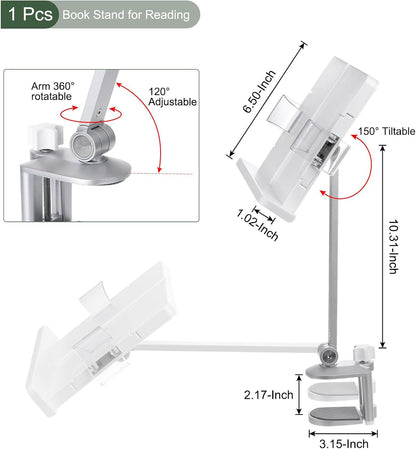 YOKIVE Book Stand for Reading, Adjustable Holder with 360° Rotating Arm & Page Clips, Portable Sturdy Book Holder, Great for Textbook (Silver, 10.3-inch)