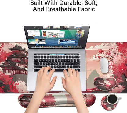 MIBITRI Keyboard Mouse Pad Set, Extended Gaming Mouse Pad+Ergonomics Keyboard Wrist Rest Support, Memory Foam, Easy Typing Pain Relief, 4Pcs XXL Ultra Thick Desk Mat, Enchanted Bookshelf