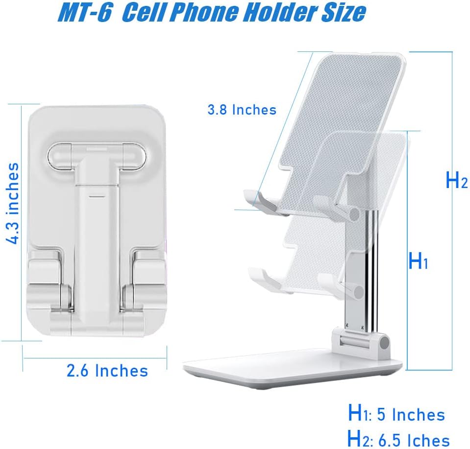 Cell Phone Stand, Angle Height Adjustable Cell Phone Holder with Silicon Pad for Desk Fully Forldable Mobile Phone Holder Compatible with All Mobile Phones, MT-6, (White)