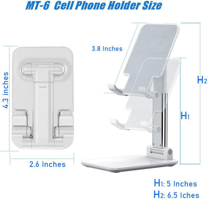 Cell Phone Stand, Angle Height Adjustable Cell Phone Holder with Silicon Pad for Desk Fully Forldable Mobile Phone Holder Compatible with All Mobile Phones, MT-6, (White)