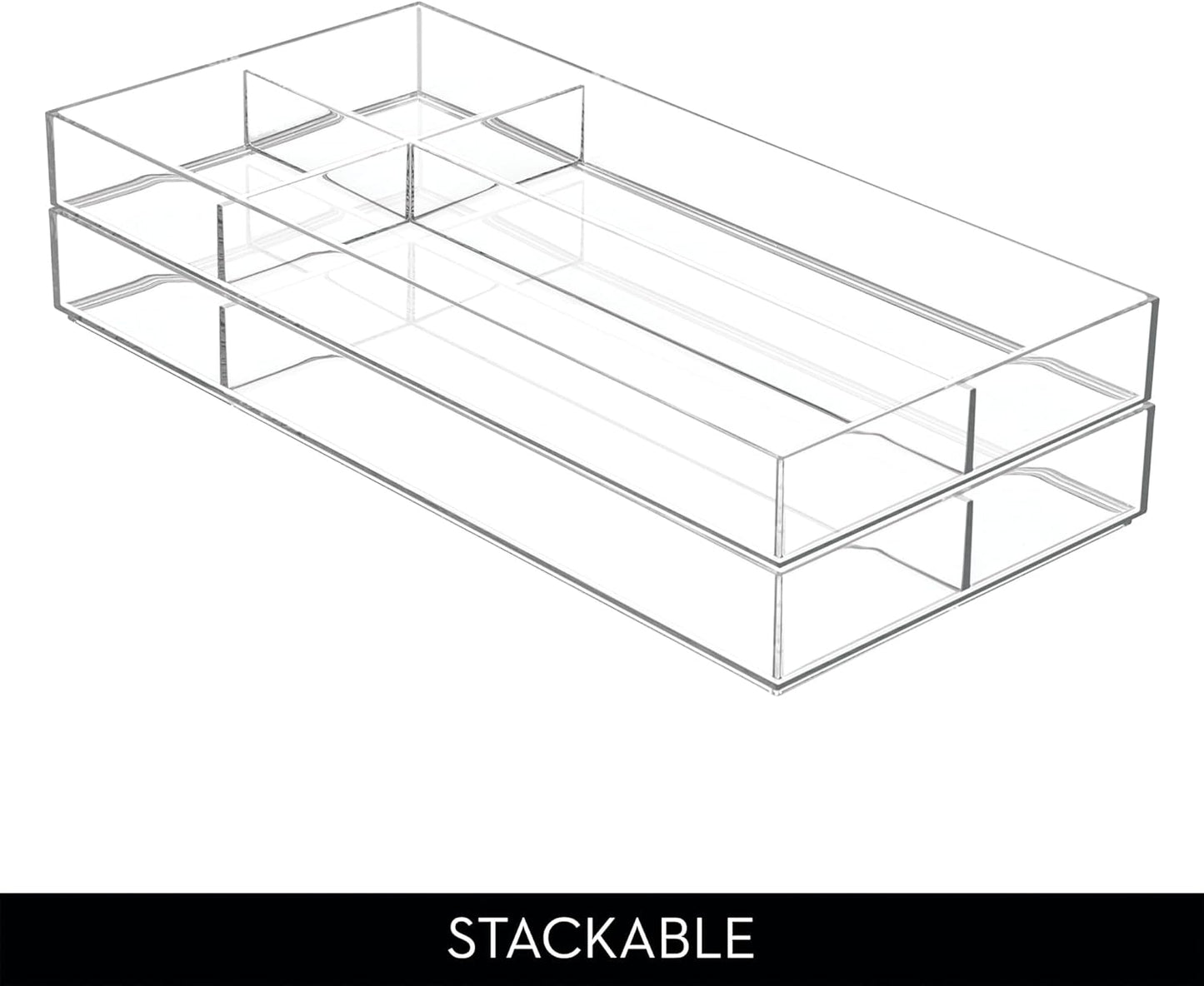 iDesign Clarity Plastic Divided Drawer Organizer, Storage Container for Vanity, Bathroom, Kitchen Drawers, 8" x 16" x 2", Clear,40850