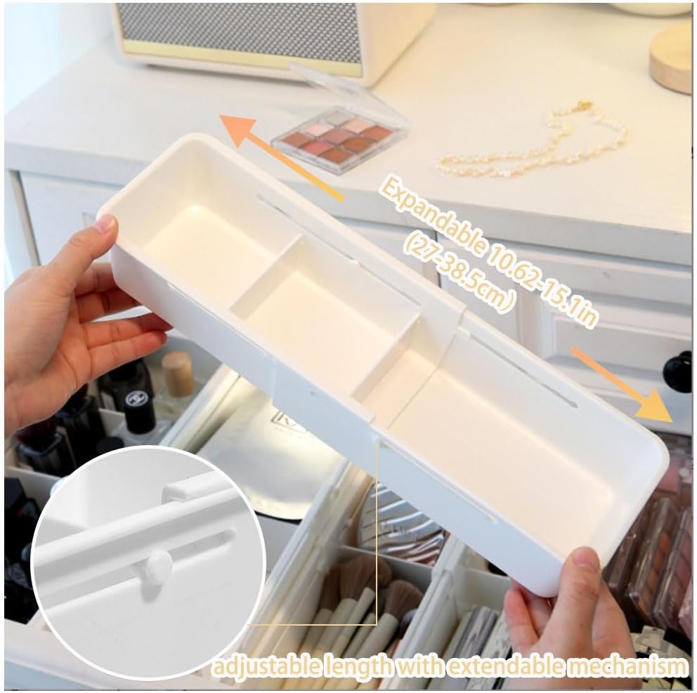 Expandable Storage Drawer Organizers Sliding Bin Plastic Desk Drawer Trays with Removable Dividers Adjustable Makeup Storage Bins for Bedroom, Bathroom, Clothes, Kitchen Utensil (Large)
