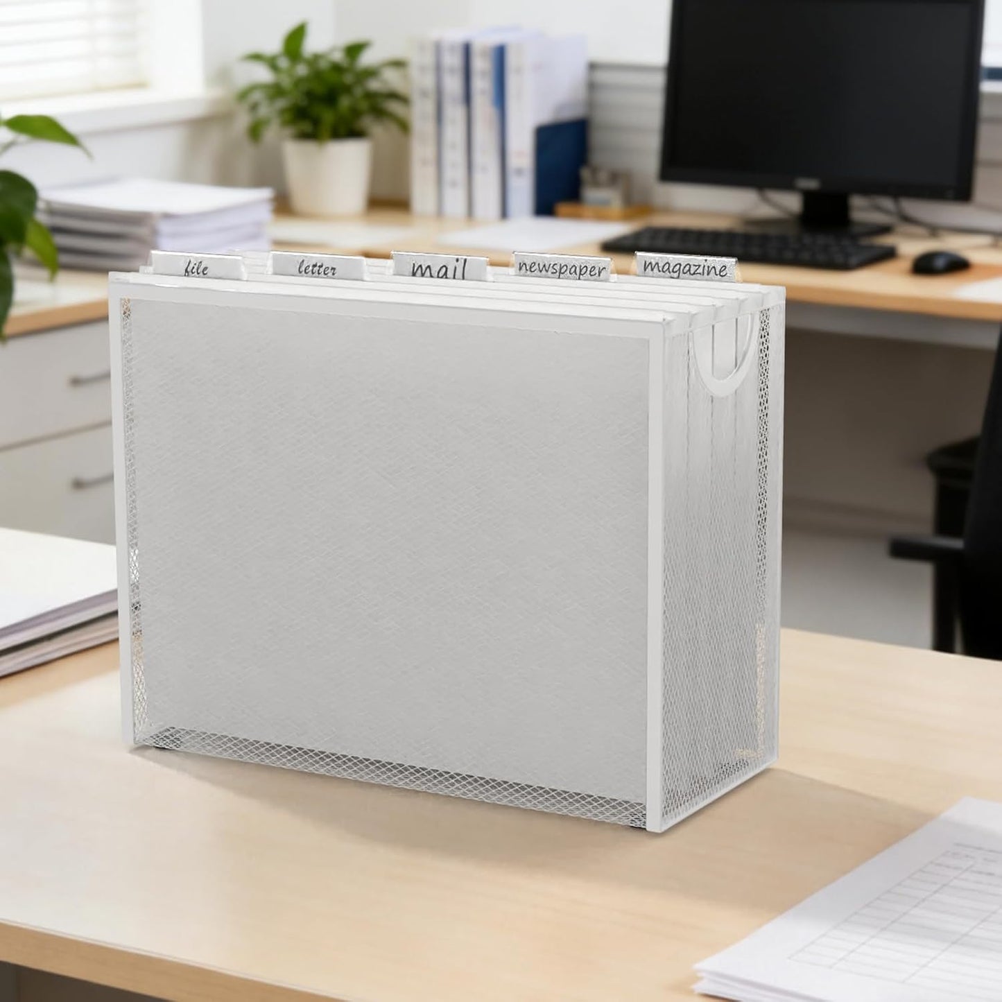 Sinboun Hanging File Organizer Letter-Size File Holder Filing Box Includes 5 Hanging Folders - Metal Mesh Magazine Letter Storage Cabinets File Cart for Office Home School, No Assembly Required
