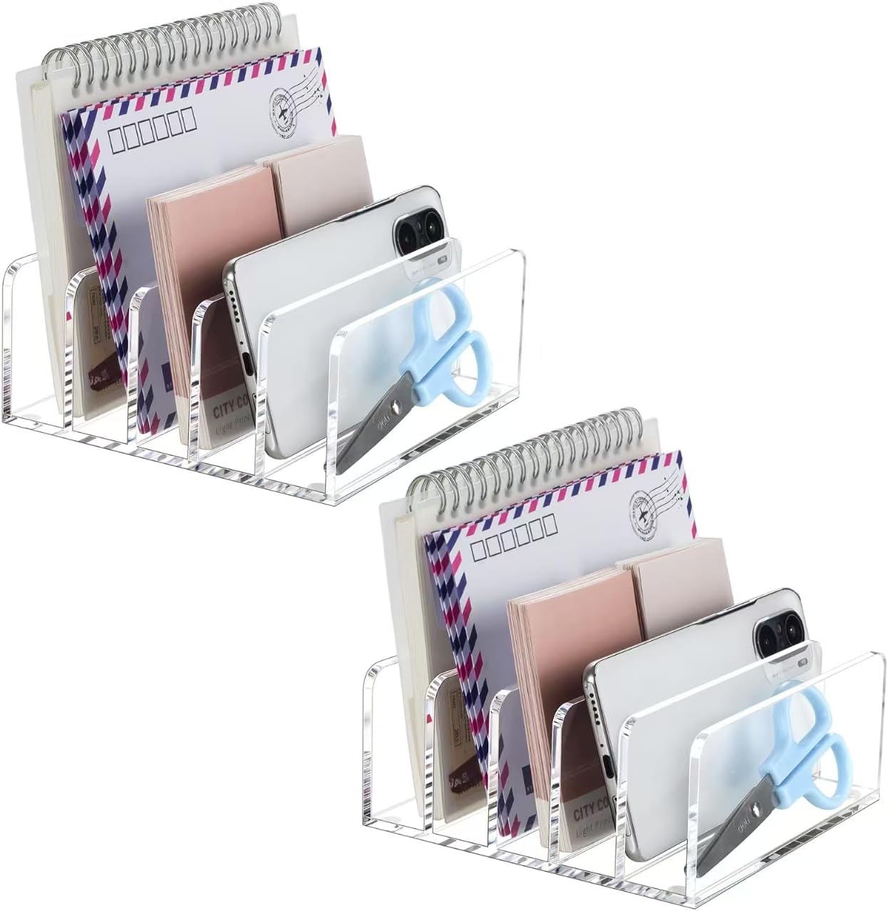 BEYGORM Acrylic Mail Holder, Clear Multifunction Desk Organizer with Divider, Vertical Letter Sorter for Desktop, 5 Compartments Modern Office Home Envelope Organizer for Bill, Document, Folder