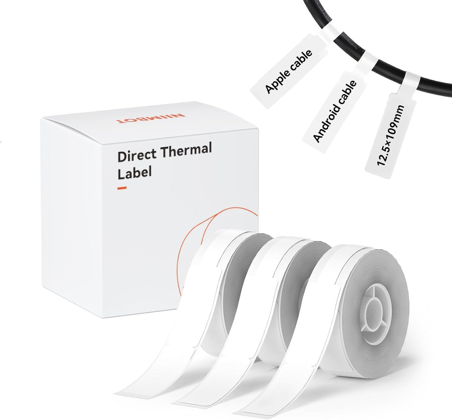 NIIMBOT White Cable Label Maker Tape for D11/D110/D101 Label Maker, 12.5 x 109 mm (0.49'' x 4.29''), 3 Rolls, Thermal Label for Home Office Labeling Tape Replacement