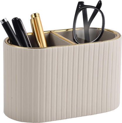 PU Leather Desk Organizer,Pen Holder,Small Remote Control Holder Pencil Cup Multifunctional Nightstand Organizer Caddy for Home School Office Desk Accessories,2 Compartments (Cream White)