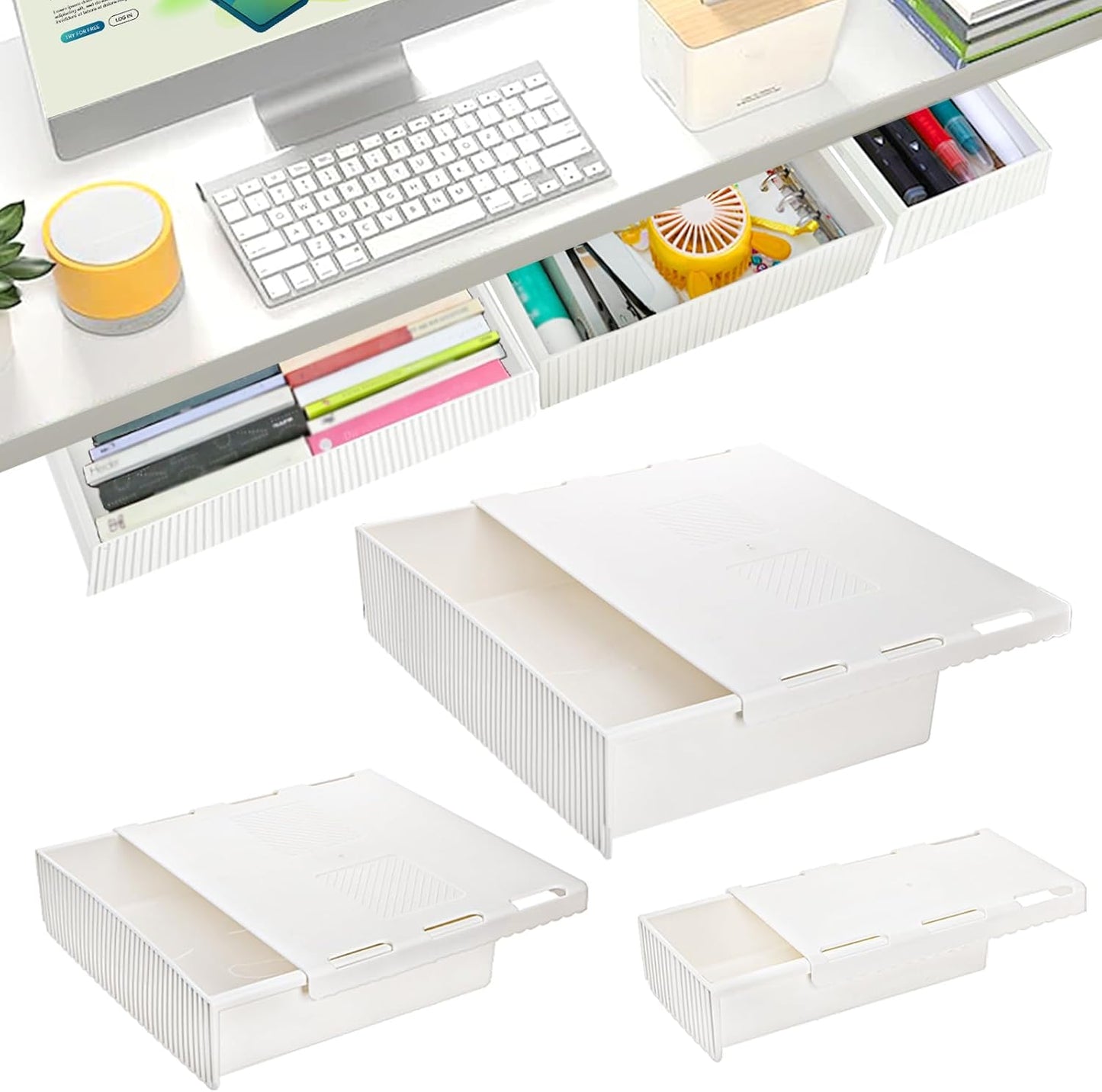 YOUEON 3 Pack Under Desk Drawer Slide Out, Self-Adhesive Under Table Drawer, Hidden Attachable Under Desk Storage Drawers, Stick on Drawers for Office, Home, School, White