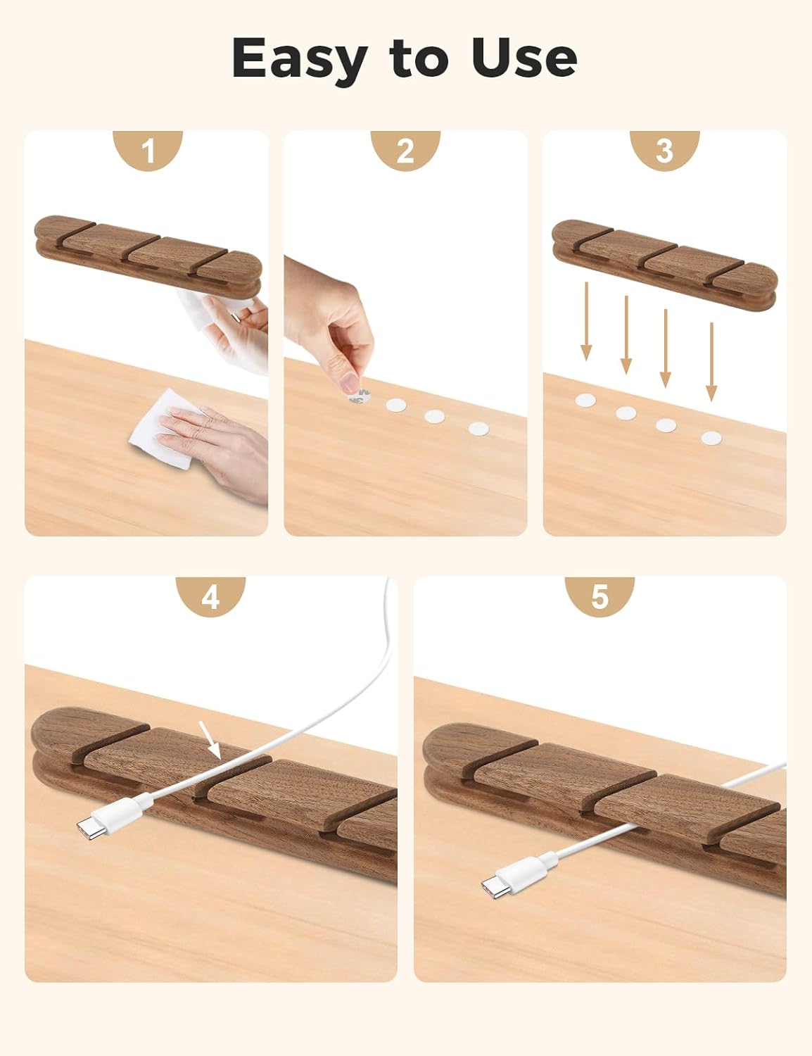Solid Walnut Cable Holder & Cord Organizer, Adhesive Cable Clips for Desk, Under Desk, Wall, Bedside & Car, Wood Cable Management for Home Office, Phone Charging & USB Cables