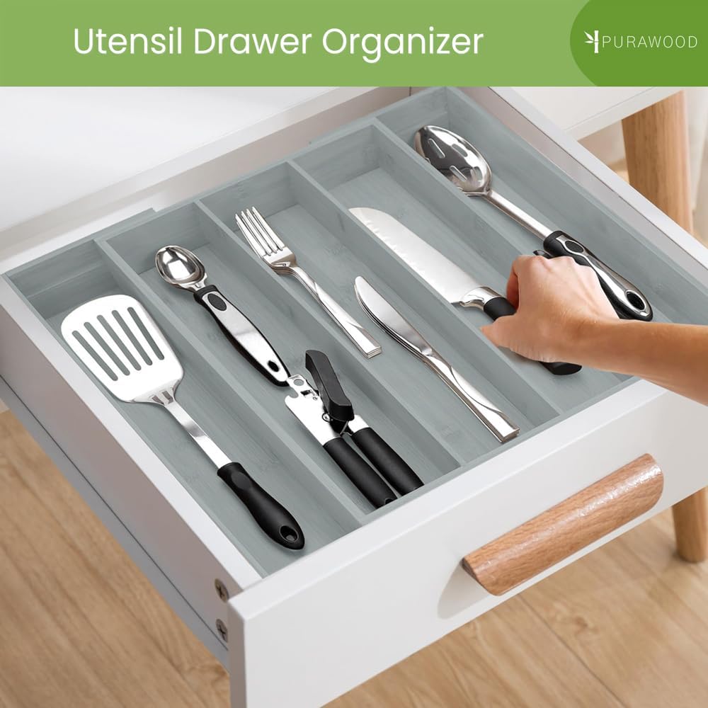 Purawood Kitchen Drawer Organizer - Expandable Utensil Drawer Organizer for Kitchen, Cutlery Tray & Silverware Organizer, 3-5 Slots - Bamboo Organizer for Utensils & Flatware (Natural)