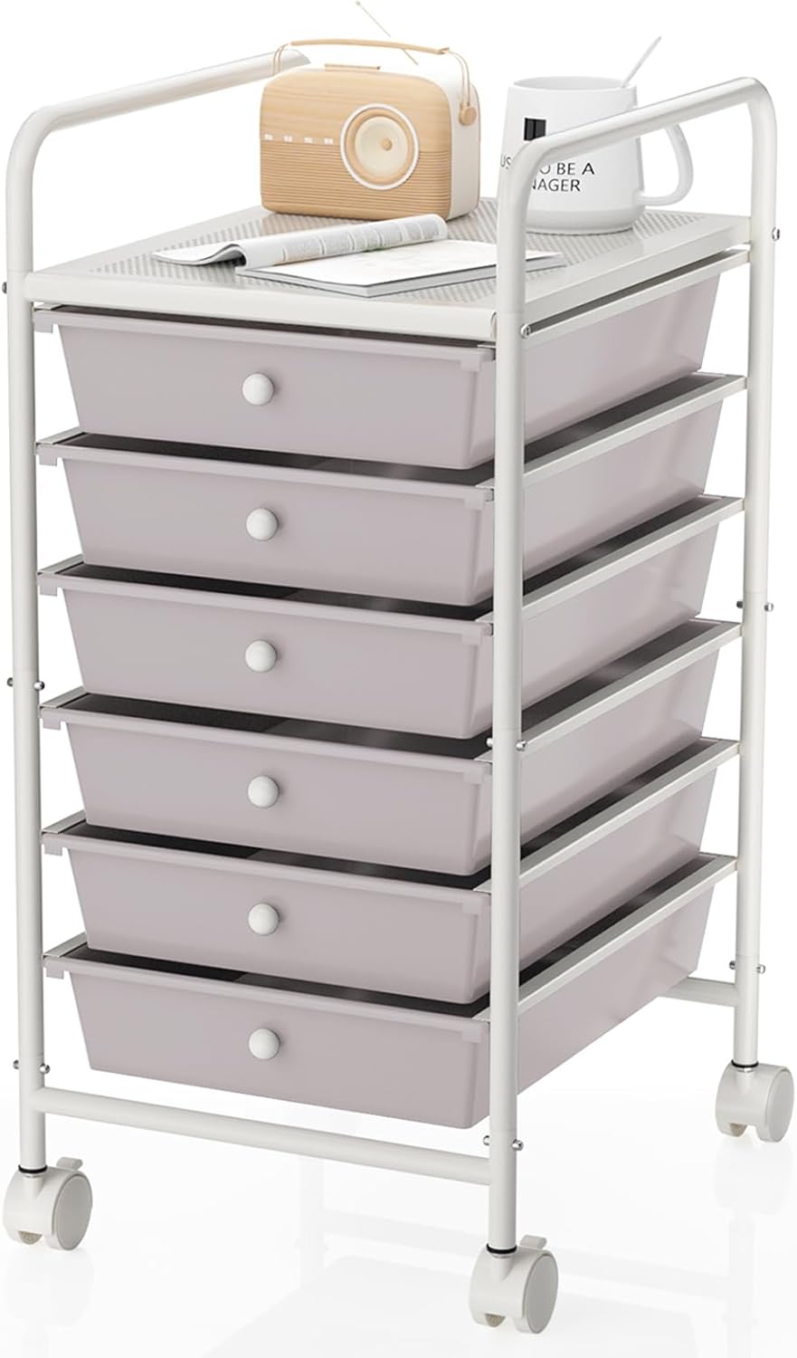 4-Tier Utility Cart with 4 Drawers, Rolling Utility Cart with 2 Lockable Caster Wheels, Multipurpose Mobile Rolling Drawer Cart for Office Bathroom Kitchen, Ivory White