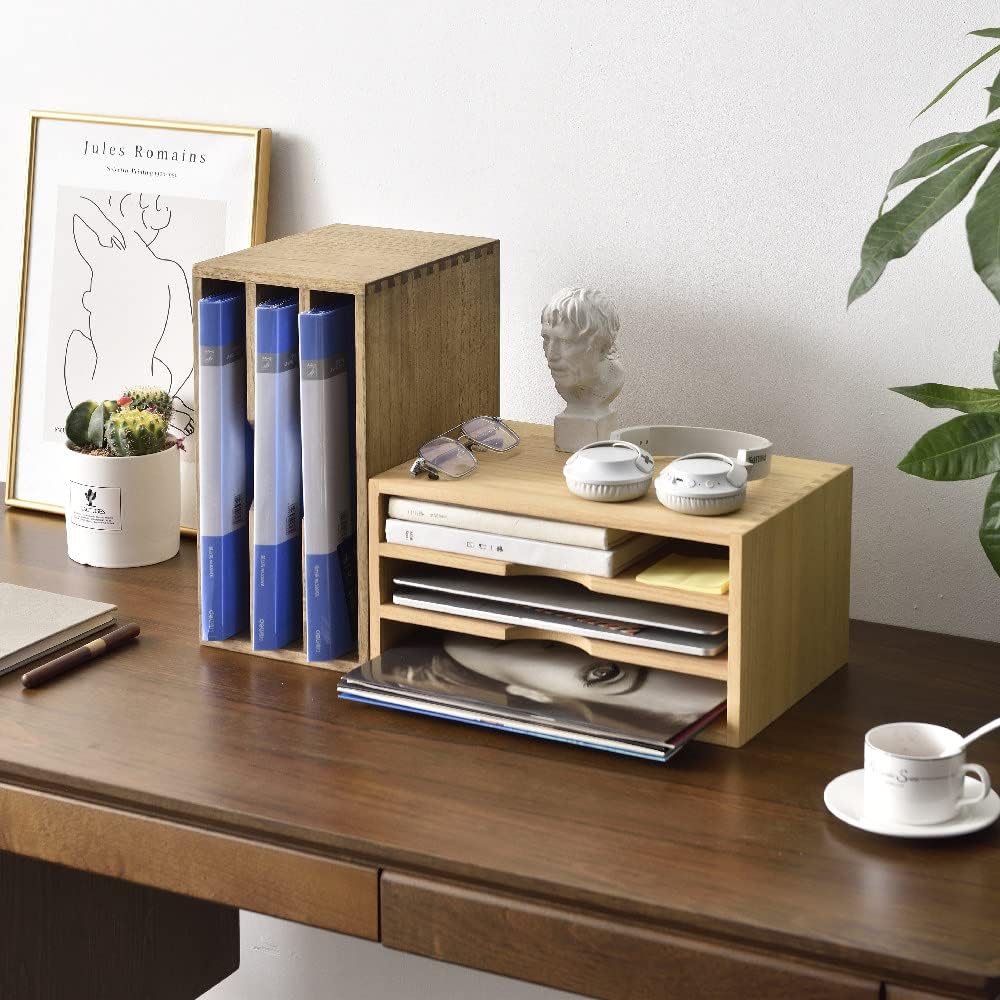 KIRIGEN Wooden Desktop Organizer Paper Storage Letter Tray File Sorter - Desk Rack Magazine File Dividers Holders for Home Office Accessories Wood Desk Cabinet with 3 Layer Trays Natural(3KWJG-NA)