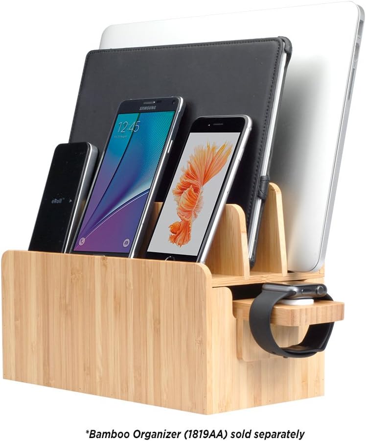 MobileVision Bamboo Charging Station & Multi Device Organizer Slim Version for Smartphones, Tablets, and Laptops