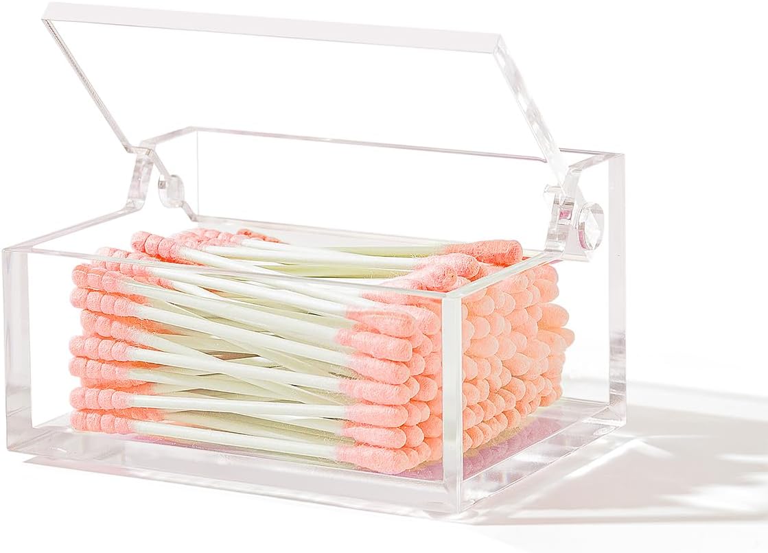 Clear Acrylic Cotton Swab Ball Holder Qtip Organizer with Lid 2-Grid Canister for Make Up Pads, Floss Picks, Vanity Storage,Bath Salts, Cosmetics, Home Bathroom Decor (DP004)
