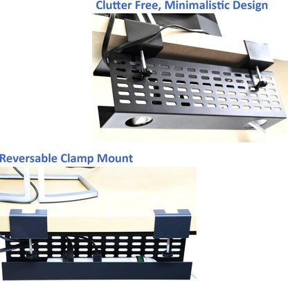 AEONS Under Desk Cable Management Tray Kit - Horizontal Adjustable up to 41” Removable C Clamp Mount Reversible Computer Cord Raceway and Modesty Panel for Large Table, Black