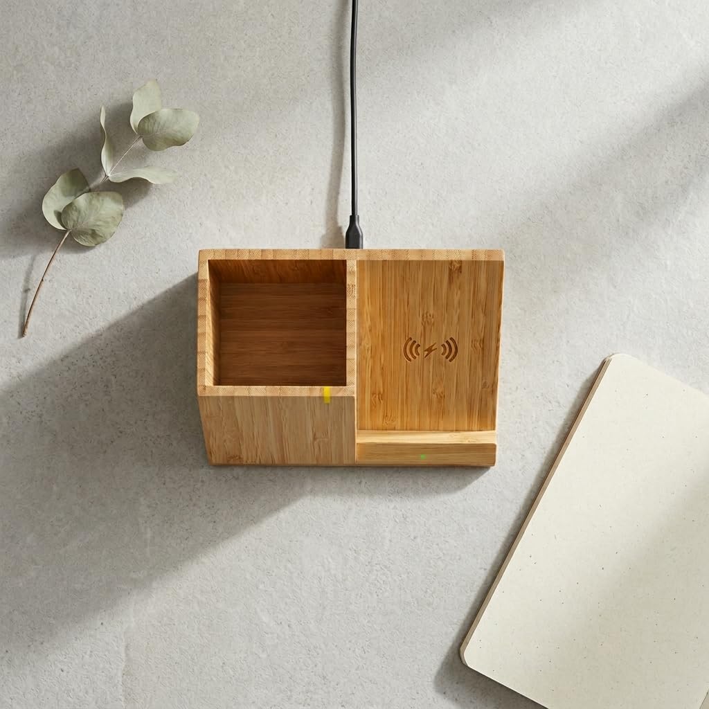 OhM-ega Bamboo Desk Organizer with Wireless Charing, Home Office Organizers for Desk, Wireless Charging Station with Pen Holder, 10W Fast Wireless Charging, Compatible with iPhone and Pixel