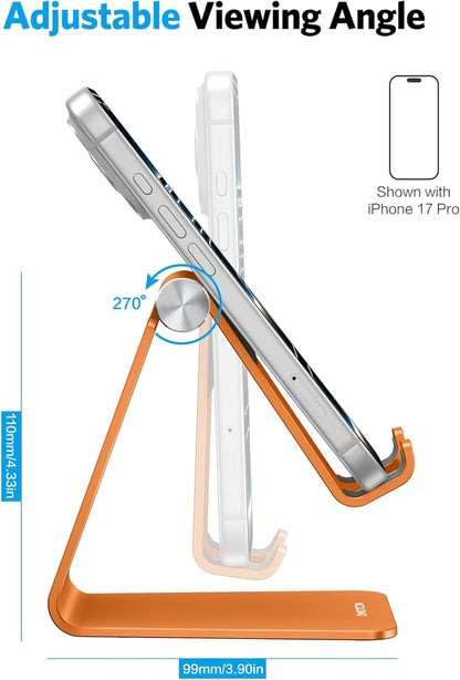 Adjustable Cell Phone Stand, OMOTON Aluminum Desktop Cellphone Stand with Anti-Slip Base and Convenient Charging Port, Fits All Smart Phones, Silver