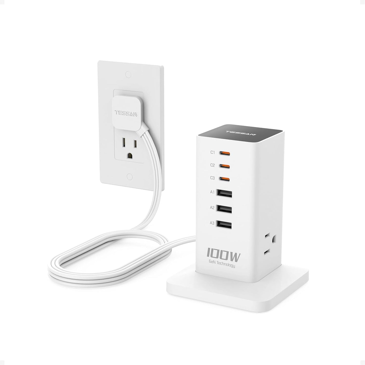 Charging Station for Multiple Devices, TESSAN 9-in-1 USB C Power Strip for iPhone 17/16/15, MacBook, Tablet, Desktop Phone Fast Charger with 3 AC, USB Charger, Home Drom Office Accessories, White-65W