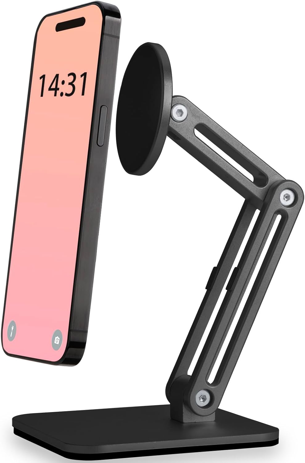 Magnetic Phone Stand for Desk, Heightened & Adjustable & Foldable Metal Magnetic Phone Holder Stand for Desk/Office/Home, Compatible with iPhone 12-17All Series/Mag Safe Case (Black