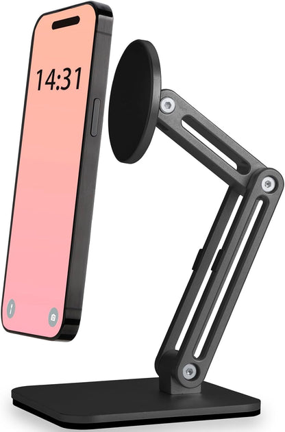 Magnetic Phone Stand for Desk, Heightened & Adjustable & Foldable Metal Magnetic Phone Holder Stand for Desk/Office/Home, Compatible with iPhone 12-17All Series/Mag Safe Case (Black