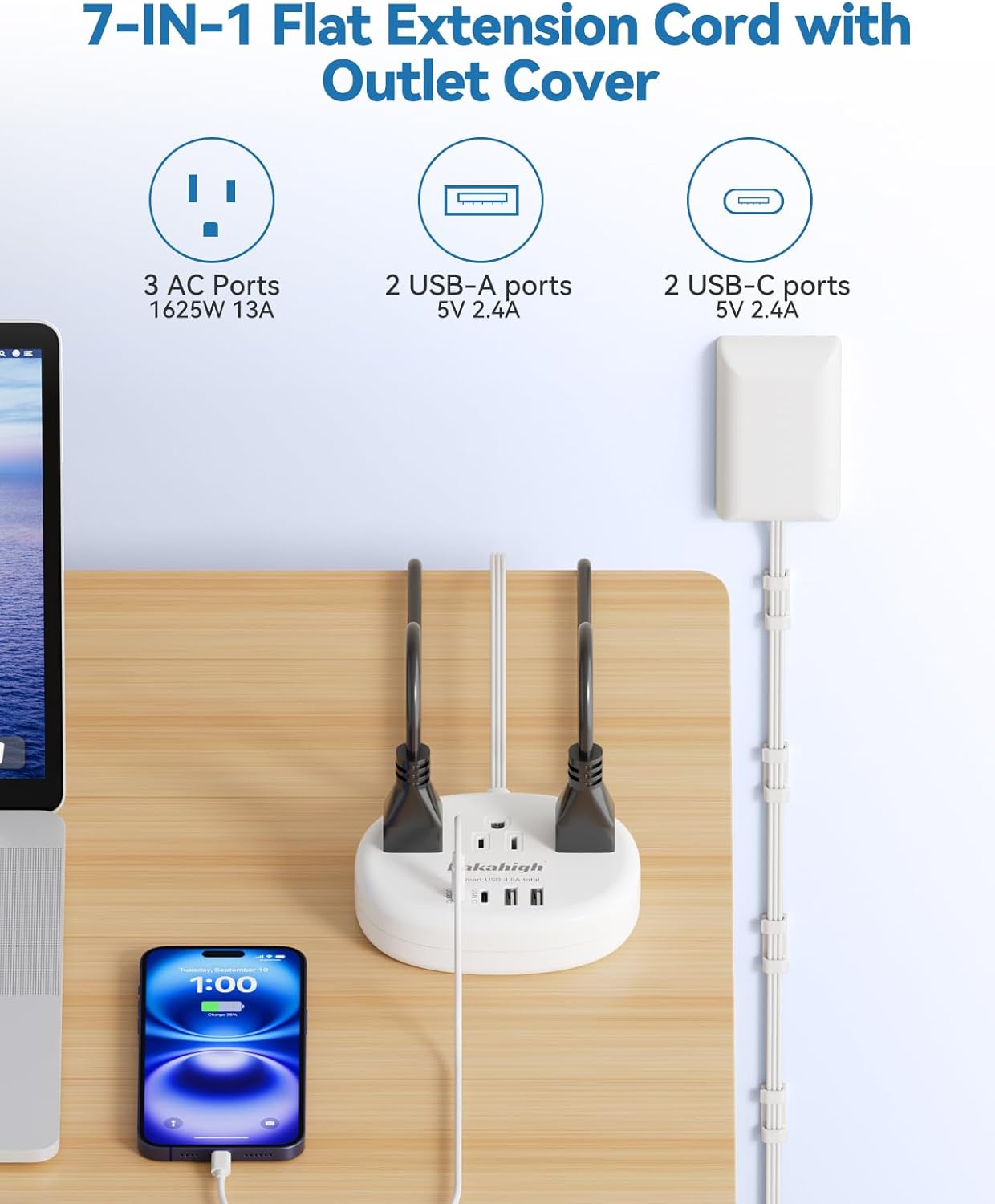 Pink Extension Cord with Surge Protected 1080J - 5 FT Kawaii Power Strip, 1625W Cute Extension Cord with 3 AC Outlet 4 USB (24W/4.8A), Compact for Cute Pink Kawaii Desk Home Essentials