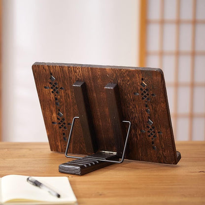 Book Stand with Page Clips, Foldable Reading Rest Holder, Portable Desk Bookrest, Cookbook/Tablet PC/Music Document Stand, Adjustable Wood Reading Frame (Chinese Knot, 11.8 x 8.7 inches)