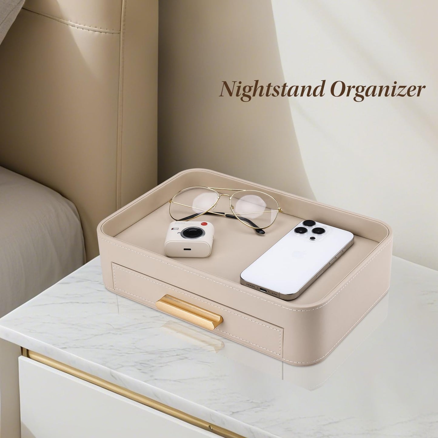 GORESE PU Leather Valet Tray with Drawer, Nightstand Organizer Catch All Tray for Jewelry Perfume Purse Trinket Key Holder, EDC Trays for Desk Vanity Entryway Table, Gift for Women Men, Cream White