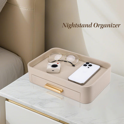 GORESE PU Leather Valet Tray with Drawer, Nightstand Organizer Catch All Tray for Jewelry Perfume Purse Trinket Key Holder, EDC Trays for Desk Vanity Entryway Table, Gift for Women Men, Cream White