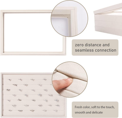 Coward Stackable Jewelry Trays Organizer Set with Clear Lid, Trays for Drawer, Earring Necklace Bracelet Ring Display Organizer (beige(ring+12girds+30girds+The glass lid))