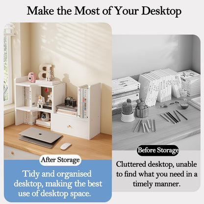 Expandable Wood Desktop Bookshelf, Freestyle Adjustable Wood Display Desk Shelf Counter Storage Rack Top Bookcase for Office & Home (White)