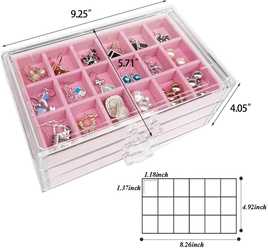 YUFONG Earring Organizer Box Acrylic Jewelry Organizer with 3 Drawers 54 Adjustable Grids Clear Stackable Earring Holder Velvet Trays Ring Display Case for Women Girls (Beige)