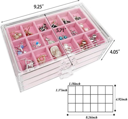 YUFONG Earring Organizer Box Acrylic Jewelry Organizer with 3 Drawers 54 Adjustable Grids Clear Stackable Earring Holder Velvet Trays Ring Display Case for Women Girls (Beige)
