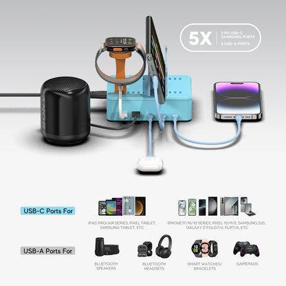Charging Station Charger Organizer for Multiple Devices 75W 5 Ports USB-C USB-A Charger Stand Power Bank MacBook Neo Cellphone Students' Tablet Kindle iPhone Ipad Nintendo Switch