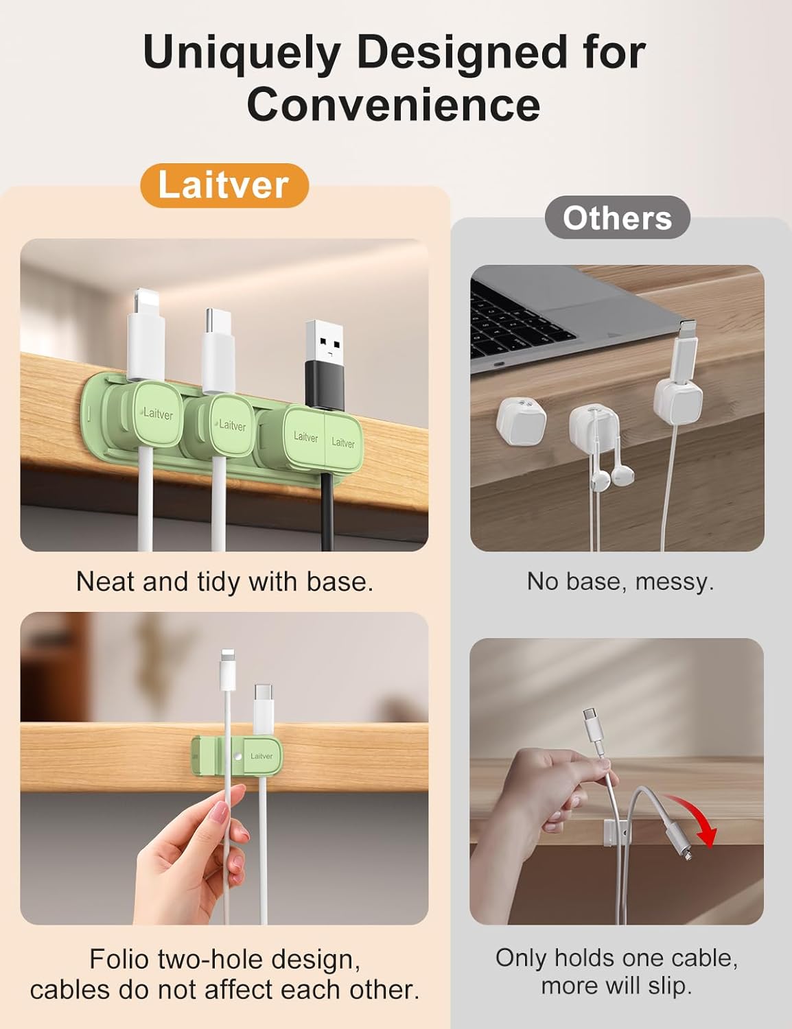 6 Pack Magnetic Cable Clips [1s Open/Lock], Laitver Cord Organizer Holder Strong Adhesive Desk Cable Management- Organize Charging Cords Neatly for Home, Office, Car,Desk, Nightstand