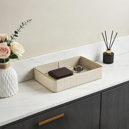 PU Leather Valet Tray,Desk Organizer Tray Nightstand Organizer Trinket Dish Storage Key Bowl Decorative Trays for Phone Wallet Jewelry Watch,Bathroom Bedroom Perfume Vanity Trays,Cream White