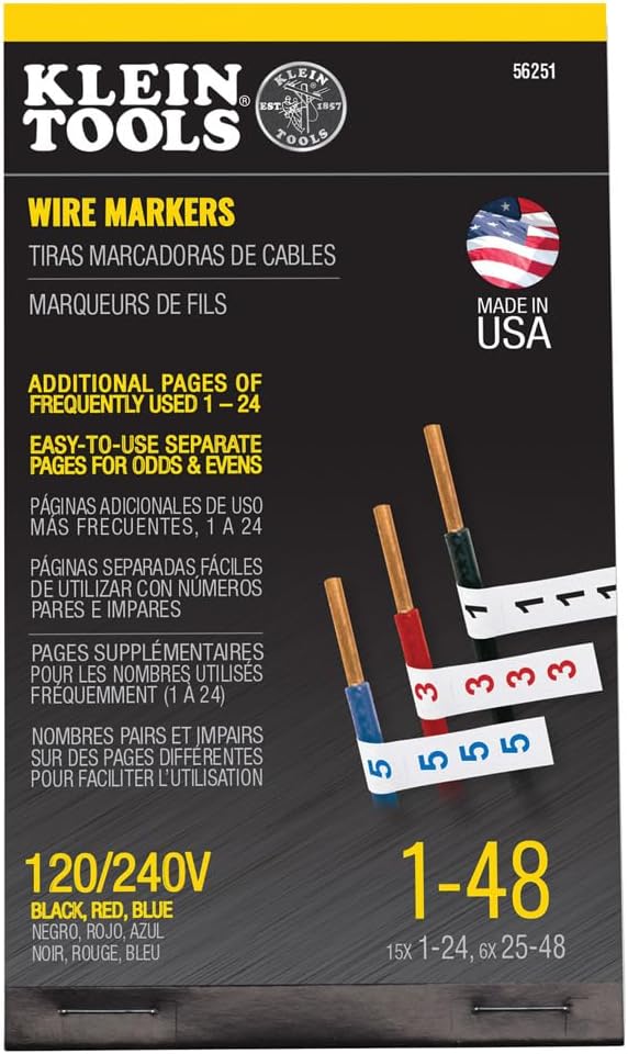 Klein Tools 56250 Wire Marker Book for Cable Management, Electric Panel Organization Wire Label Stickers, Numbered 1-48