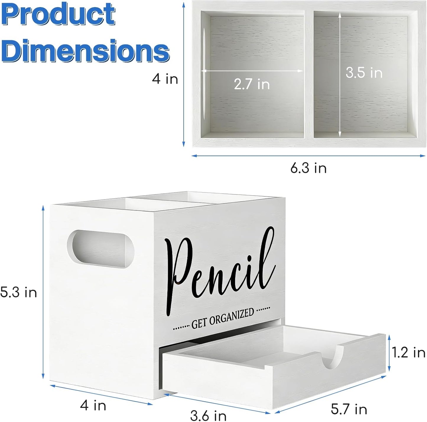 Pen Holder for Desk, Wood Pencil Organizer with Drawer, Marker Holder with 2 Compartments, Pencil Cup for Home, Office, Classroom, Teacher Supplies (White)