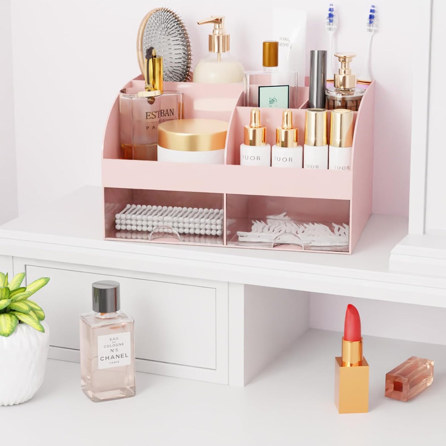 Makeup Organizer with Drawers, Cosmetic Storage for Dresser Vanity and Bathroom Countertop, Beauty Holder for Lipstick Brush, Skincare Organizer for Vanity, Cosmetic Display Case (White)