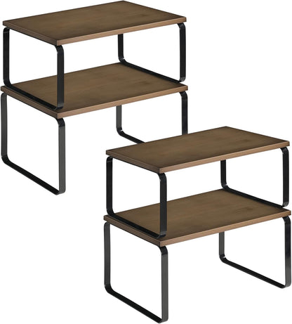 HOOBRO Cabinet Organizer Shelf, Set of 2 Kitchen Counter Shelves, Expandable Kitchen Storage, Stackable Bamboo Spice Rack, for Kitchen, Countertop, Office Desk, Bathroom, Natural and White YW30TL01