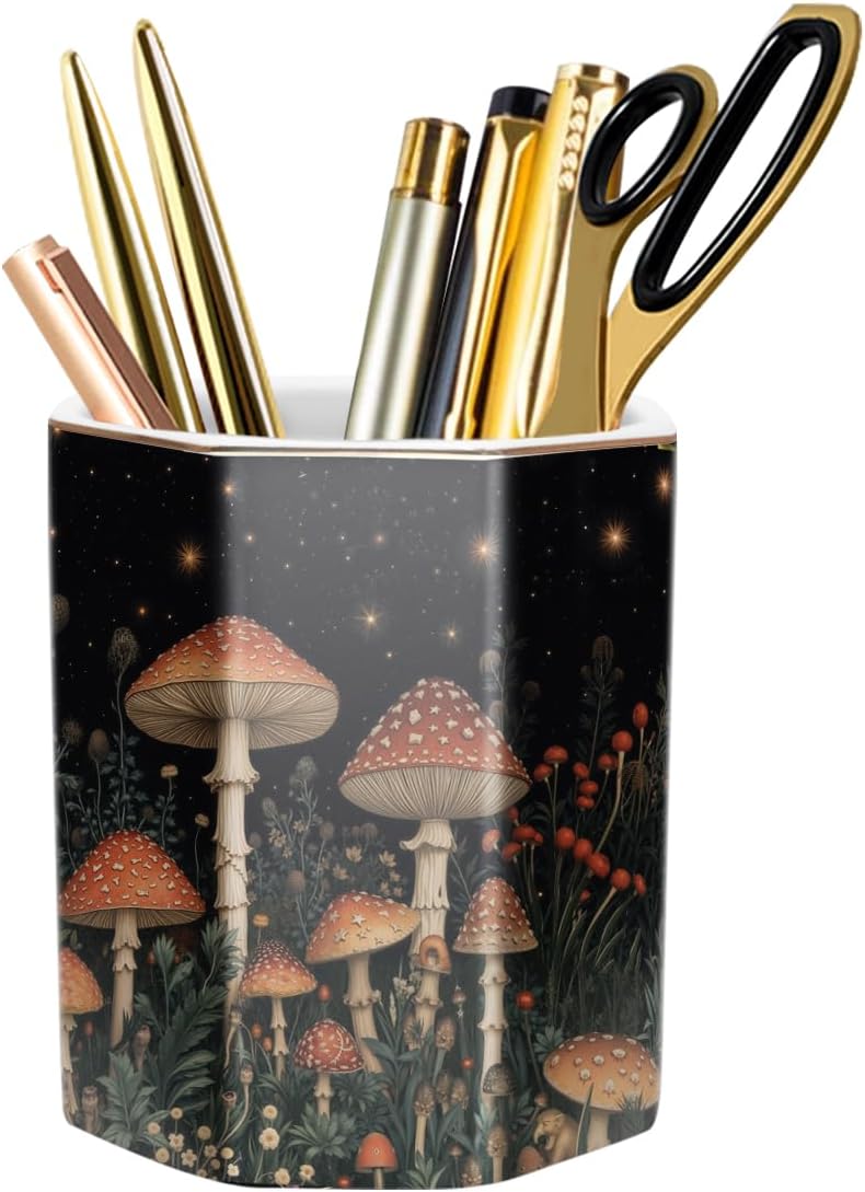 WAVEYU Ceramic Pen Holder for Desk Cute, Pencil Cup Pot Desk Organizer, Makeup Brush Holder for Women, Men, Kids, Desk Marble Decor for Office, Classroom, Home, Gray Golden
