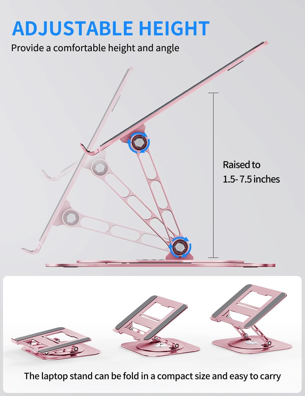 AOEVI Adjustable Computer Stand with 360 Rotating Base, Ergonimic Foldable Laptop Riser for Desk Compatible with MacBook Pro/Air Notebook up to 16 Inches, Silver
